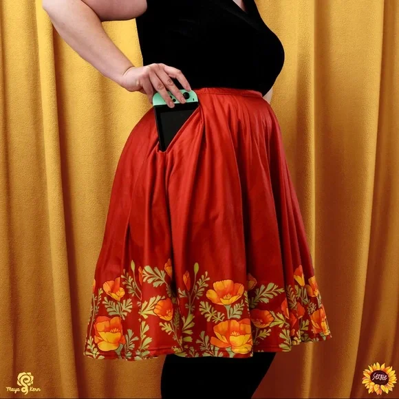 “Poppies” Print Red Circle Midi Skirt - Picture 3 of 3